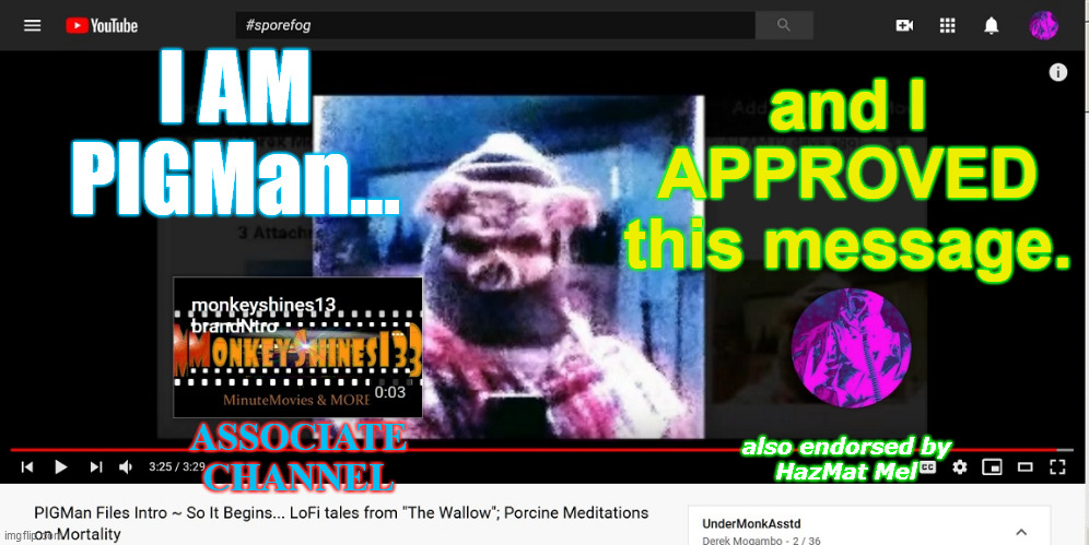 I AM PIGMan... and I
APPROVED
this message. ASSOCIATE
CHANNEL also endorsed by
HazMat Mel | made w/ Imgflip meme maker