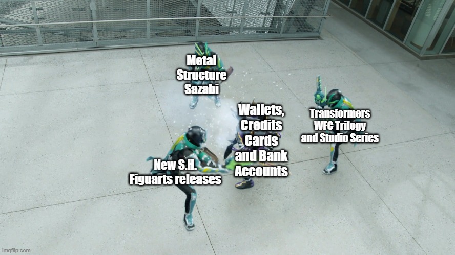 Three Clones | Metal Structure Sazabi; Transformers WFC Trilogy and Studio Series; Wallets, Credits Cards and Bank Accounts; New S.H. Figuarts releases | image tagged in three clones | made w/ Imgflip meme maker