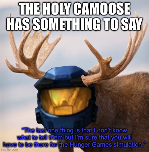 Yes, this was a Hunger Games announcement | THE HOLY CAMOOSE HAS SOMETHING TO SAY; “The last one thing is that I don’t know what to tell them but I’m sure that you will have to be there for the Hunger Games simulation.” | image tagged in camoose,hunger games | made w/ Imgflip meme maker