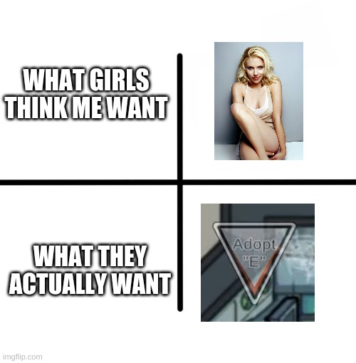 WE NEED MINI CREWMATE ADOPT BUTTON!!!! | WHAT GIRLS THINK ME WANT; WHAT THEY ACTUALLY WANT | image tagged in memes,blank starter pack | made w/ Imgflip meme maker