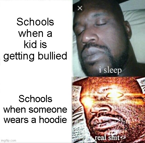 True | Schools when a kid is getting bullied; Schools when someone wears a hoodie | image tagged in memes,sleeping shaq | made w/ Imgflip meme maker