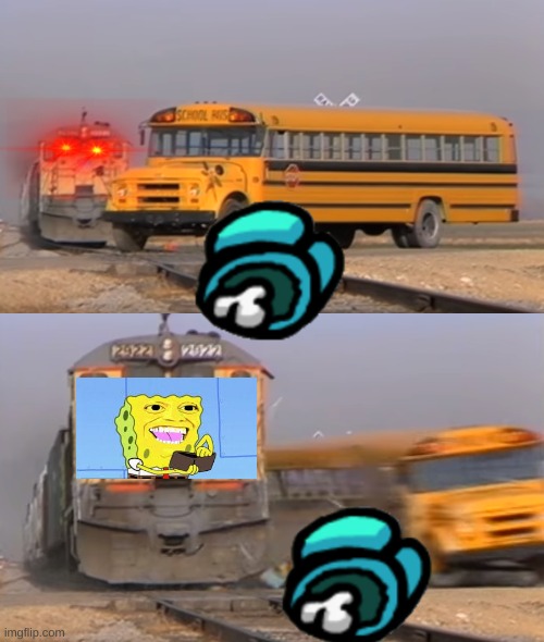 amung us train | image tagged in a train hitting a school bus | made w/ Imgflip meme maker