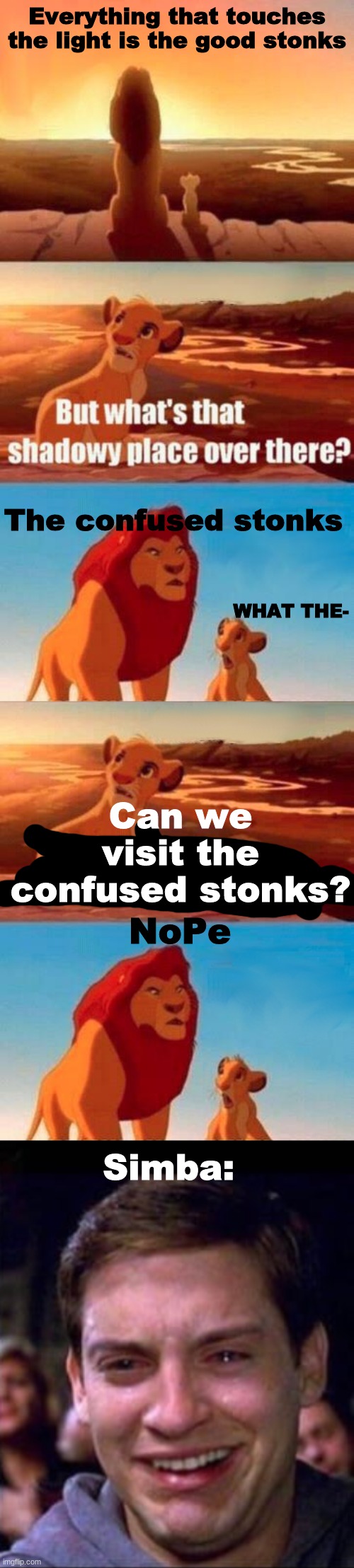 Image Title | Everything that touches the light is the good stonks; The confused stonks; WHAT THE-; Can we visit the confused stonks? NoPe; Simba: | image tagged in lion king light touches shadowy place kek,memes,simba shadowy place,long meme,oof | made w/ Imgflip meme maker