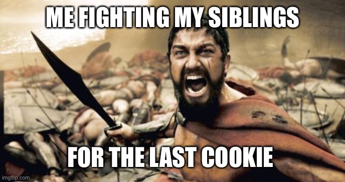 Sparta Leonidas | ME FIGHTING MY SIBLINGS; FOR THE LAST COOKIE | image tagged in memes,sparta leonidas | made w/ Imgflip meme maker