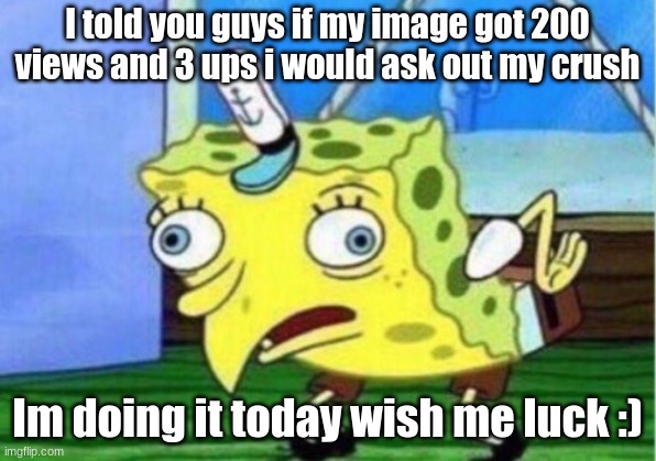 Mocking Spongebob | I told you guys if my image got 200 views and 3 ups i would ask out my crush; Im doing it today wish me luck :) | image tagged in memes,mocking spongebob | made w/ Imgflip meme maker
