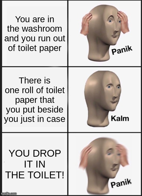 Panik Kalm Panik | You are in the washroom and you run out of toilet paper; There is one roll of toilet paper that you put beside you just in case; YOU DROP IT IN THE TOILET! | image tagged in memes,panik kalm panik | made w/ Imgflip meme maker