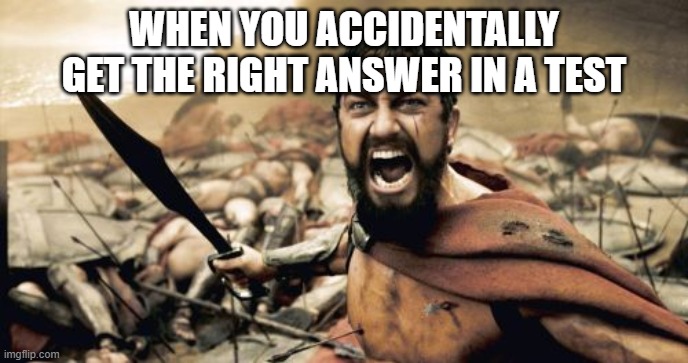 Sparta Leonidas Meme | WHEN YOU ACCIDENTALLY GET THE RIGHT ANSWER IN A TEST | image tagged in memes,sparta leonidas | made w/ Imgflip meme maker