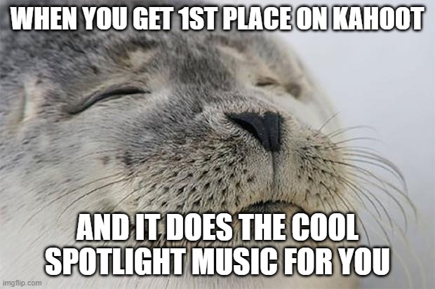 ahhhhhhhhhhhh........................................... | WHEN YOU GET 1ST PLACE ON KAHOOT; AND IT DOES THE COOL SPOTLIGHT MUSIC FOR YOU | image tagged in memes,satisfied seal | made w/ Imgflip meme maker