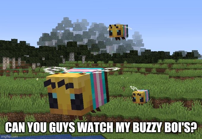 Trans Minecraft Bees flying | CAN YOU GUYS WATCH MY BUZZY BOI'S? | image tagged in trans minecraft bees flying | made w/ Imgflip meme maker