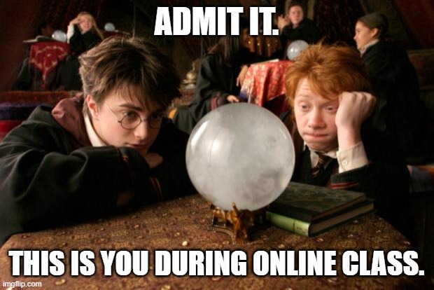 Harry Potter meme | ADMIT IT. THIS IS YOU DURING ONLINE CLASS. | image tagged in harry potter meme | made w/ Imgflip meme maker