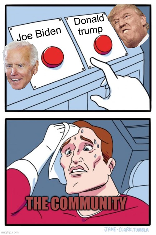 Two Buttons | Donald trump; Joe Biden; THE COMMUNITY | image tagged in memes,two buttons | made w/ Imgflip meme maker