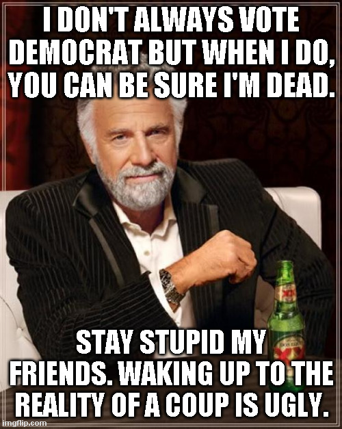 Stay stupid my friend | I DON'T ALWAYS VOTE DEMOCRAT BUT WHEN I DO, YOU CAN BE SURE I'M DEAD. STAY STUPID MY FRIENDS. WAKING UP TO THE REALITY OF A COUP IS UGLY. | image tagged in the most interesting man in the world | made w/ Imgflip meme maker