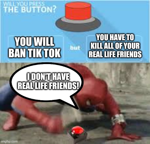 True, I don't have real life friends | YOU HAVE TO KILL ALL OF YOUR REAL LIFE FRIENDS; YOU WILL BAN TIK TOK; I DON'T HAVE REAL LIFE FRIENDS! | image tagged in will you press the button,tik tok | made w/ Imgflip meme maker