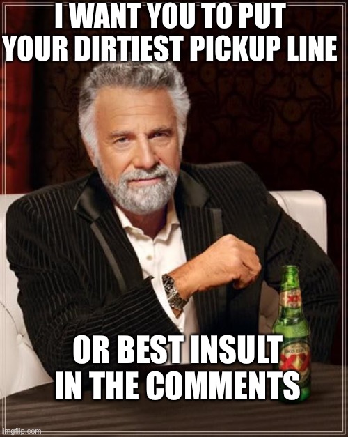 I’ll reply to each one saying what I think | I WANT YOU TO PUT YOUR DIRTIEST PICKUP LINE; OR BEST INSULT IN THE COMMENTS | image tagged in memes,the most interesting man in the world,pickup lines | made w/ Imgflip meme maker