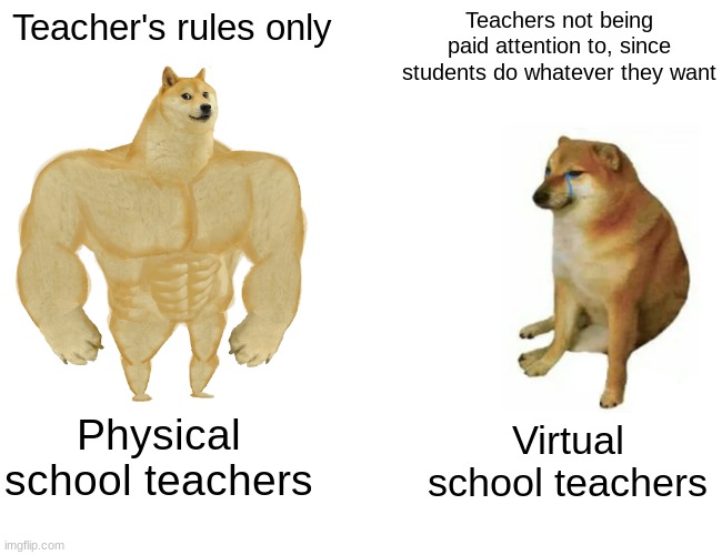I was literally drawing in class the other day lol | Teacher's rules only; Teachers not being paid attention to, since students do whatever they want; Physical school teachers; Virtual school teachers | image tagged in memes,buff doge vs cheems,teacher what are you laughing at,rules,online school | made w/ Imgflip meme maker