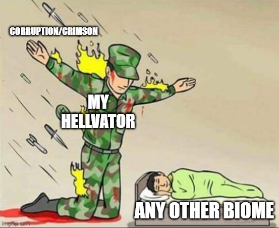 big smort |  CORRUPTION/CRIMSON; MY HELLVATOR; ANY OTHER BIOME | image tagged in soldier protecting sleeping child,terraria | made w/ Imgflip meme maker