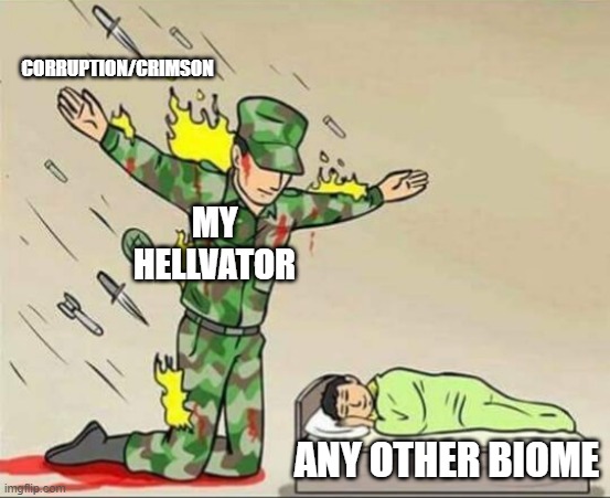 big smort | CORRUPTION/CRIMSON; MY HELLVATOR; ANY OTHER BIOME | image tagged in soldier protecting sleeping child,terraria | made w/ Imgflip meme maker