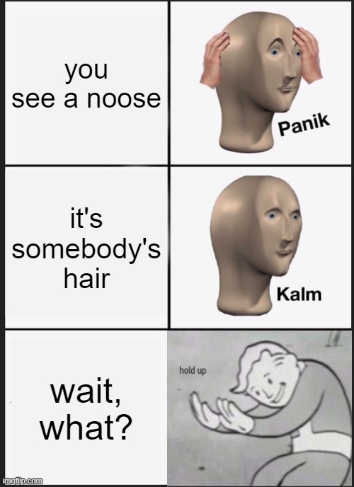 Look at this and get back to school (or work) | you see a noose; it's somebody's hair; wait, what? | image tagged in memes,panik kalm panik,fallout hold up | made w/ Imgflip meme maker