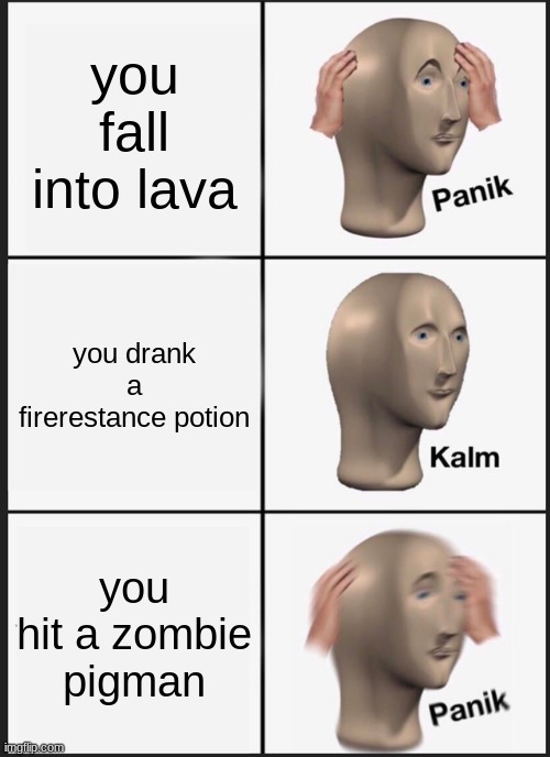 Panik Kalm Panik | you fall into lava; you drank a firerestance potion; you hit a zombie pigman | image tagged in memes,panik kalm panik | made w/ Imgflip meme maker