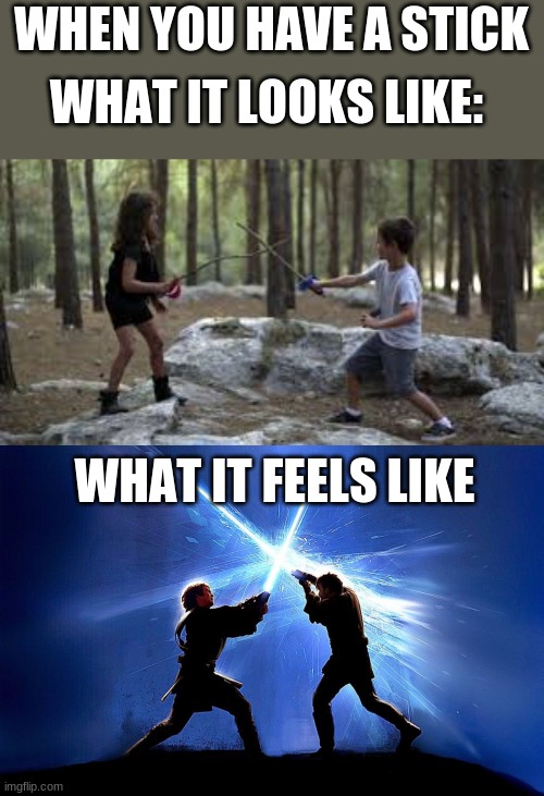 WHEN YOU HAVE A STICK; WHAT IT LOOKS LIKE:; WHAT IT FEELS LIKE | image tagged in lightsaber battle | made w/ Imgflip meme maker