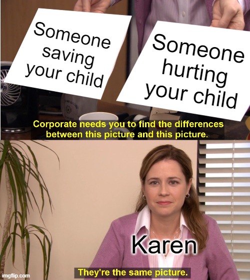 They're The Same Picture Meme | Someone saving your child; Someone hurting your child; Karen | image tagged in memes,they're the same picture | made w/ Imgflip meme maker