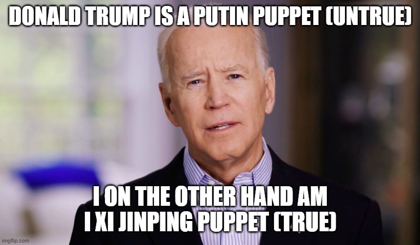 Joe Biden 2020 | DONALD TRUMP IS A PUTIN PUPPET (UNTRUE); I ON THE OTHER HAND AM I XI JINPING PUPPET (TRUE) | image tagged in joe biden 2020 | made w/ Imgflip meme maker