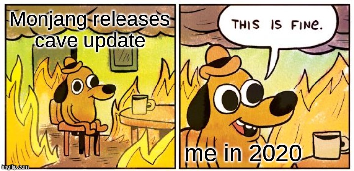 This Is Fine | Monjang releases cave update; me in 2020 | image tagged in memes,this is fine | made w/ Imgflip meme maker