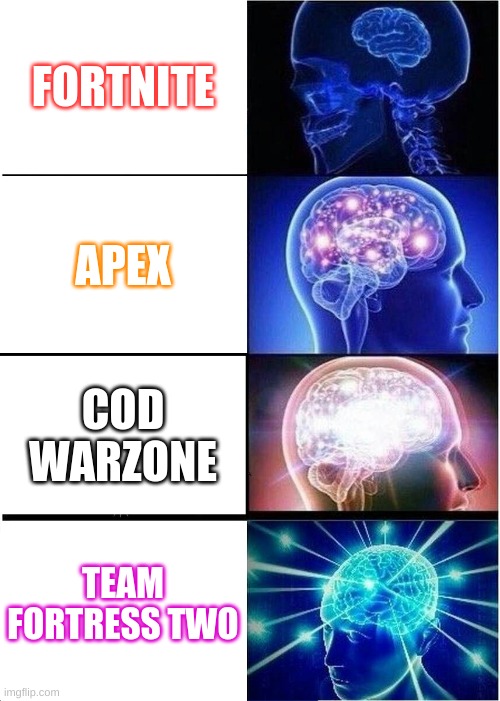 Expanding Brain | FORTNITE; APEX; COD WARZONE; TEAM FORTRESS TWO | image tagged in memes,expanding brain | made w/ Imgflip meme maker