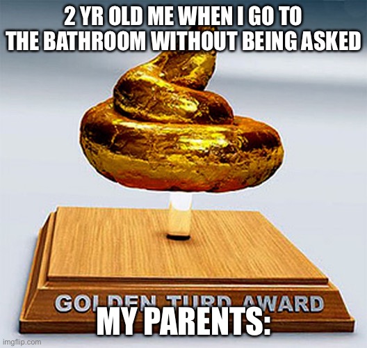 Tru tho | 2 YR OLD ME WHEN I GO TO THE BATHROOM WITHOUT BEING ASKED; MY PARENTS: | image tagged in golden turd award | made w/ Imgflip meme maker