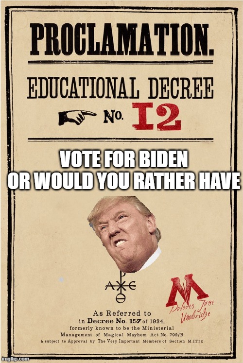 Proclamation | VOTE FOR BIDEN
OR WOULD YOU RATHER HAVE | image tagged in proclamation | made w/ Imgflip meme maker