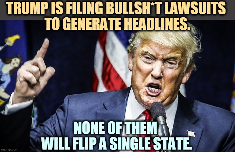 Trump presents not one shred of evidence for his wild charges. The only widespread fraud in this election is Trump. | TRUMP IS FILING BULLSH*T LAWSUITS 
TO GENERATE HEADLINES. NONE OF THEM 
WILL FLIP A SINGLE STATE. | image tagged in trump angry,trump,lawsuit,election,fraud,phony | made w/ Imgflip meme maker