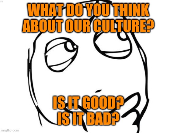 Look 4ward 2 gr8 discussions... | WHAT DO YOU THINK ABOUT OUR CULTURE? IS IT GOOD?
IS IT BAD? | image tagged in memes,question rage face,question,culture,america | made w/ Imgflip meme maker