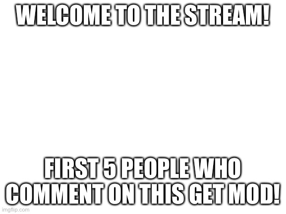 Comment and u get mod |  WELCOME TO THE STREAM! FIRST 5 PEOPLE WHO COMMENT ON THIS GET MOD! | image tagged in blank white template | made w/ Imgflip meme maker