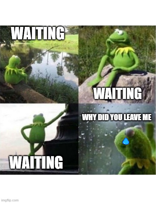 blank kermit waiting |  WAITING; WAITING; WHY DID YOU LEAVE ME; WAITING | image tagged in blank kermit waiting | made w/ Imgflip meme maker