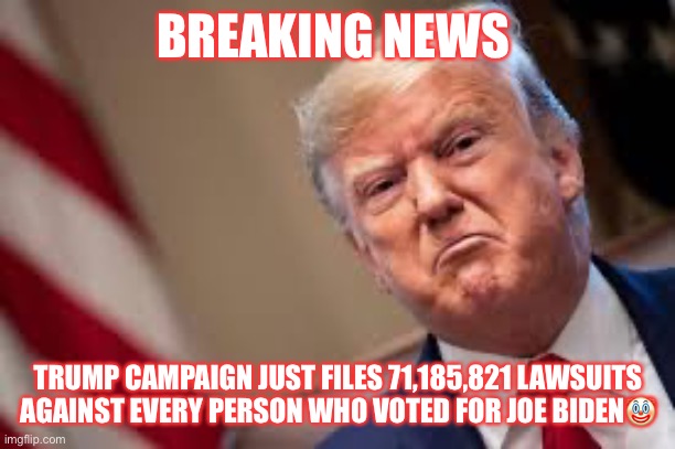 Trump campaign files vote-counting lawsuits | BREAKING NEWS; TRUMP CAMPAIGN JUST FILES 71,185,821 LAWSUITS AGAINST EVERY PERSON WHO VOTED FOR JOE BIDEN🤡 | image tagged in donald trump,con man,moron,trump supporters,rip donald trump presidency,trump for prison 2021 | made w/ Imgflip meme maker