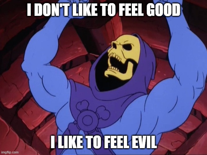 Skeletor | I DON'T LIKE TO FEEL GOOD; I LIKE TO FEEL EVIL | image tagged in skeletor,memes | made w/ Imgflip meme maker