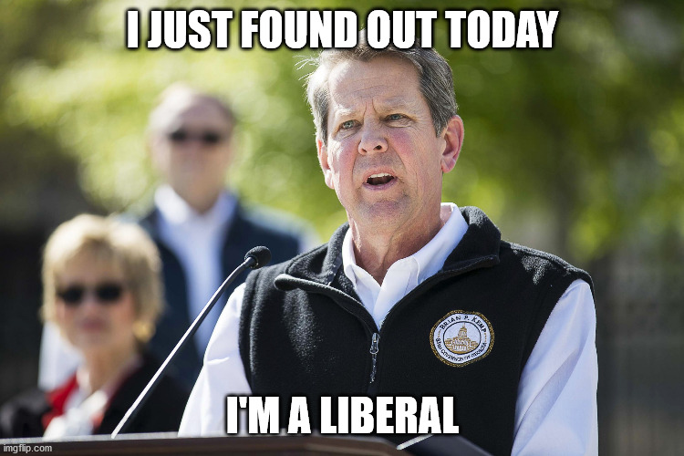 Brian Kemp Revelation | I JUST FOUND OUT TODAY; I'M A LIBERAL | image tagged in brian kemp revelation | made w/ Imgflip meme maker