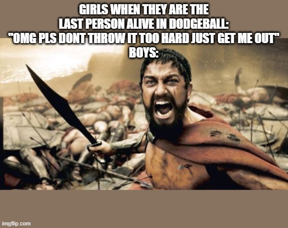 Sparta Leonidas | GIRLS WHEN THEY ARE THE LAST PERSON ALIVE IN DODGEBALL: "OMG PLS DONT THROW IT TOO HARD JUST GET ME OUT"
BOYS: | image tagged in memes,sparta leonidas | made w/ Imgflip meme maker