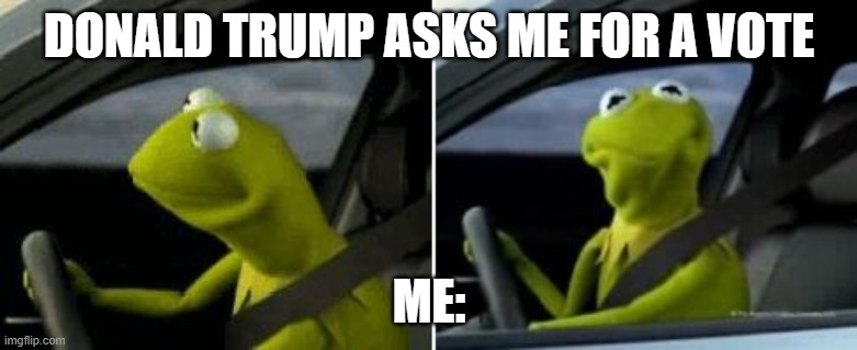 Kermit Driver | DONALD TRUMP ASKS ME FOR A VOTE; ME: | image tagged in kermit driver | made w/ Imgflip meme maker