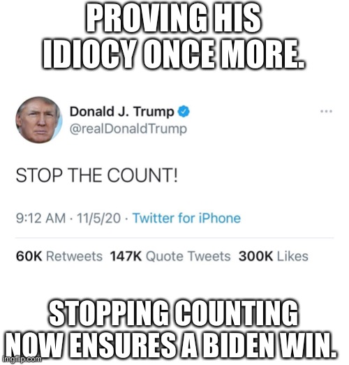 How can anyone vote for this moron? | PROVING HIS IDIOCY ONCE MORE. STOPPING COUNTING NOW ENSURES A BIDEN WIN. | image tagged in donald trump,stupid | made w/ Imgflip meme maker