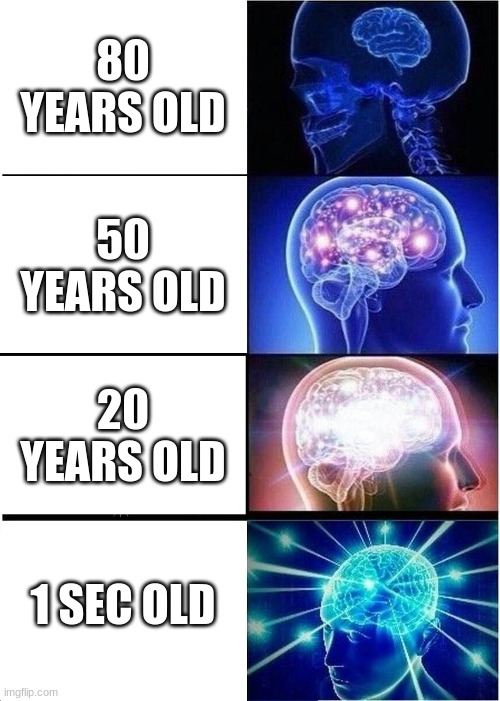 my brain | 80 YEARS OLD; 50 YEARS OLD; 20 YEARS OLD; 1 SEC OLD | image tagged in memes,expanding brain | made w/ Imgflip meme maker