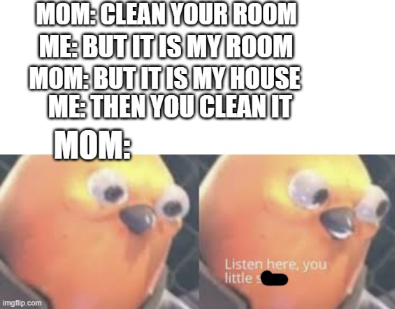 clean your room | MOM: CLEAN YOUR ROOM; ME: BUT IT IS MY ROOM; MOM: BUT IT IS MY HOUSE; ME: THEN YOU CLEAN IT; MOM: | image tagged in listen here you little shit bird | made w/ Imgflip meme maker