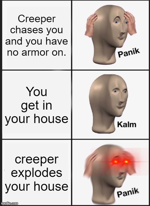 What do you want from me!!! | Creeper chases you and you have no armor on. You get in your house; creeper explodes your house | image tagged in memes,panik kalm panik | made w/ Imgflip meme maker