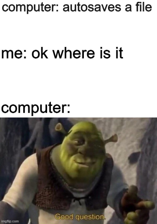 where is the file | computer: autosaves a file; me: ok where is it; computer: | image tagged in blank white template,shrek good question | made w/ Imgflip meme maker