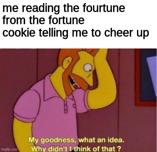 My goodness what an idea why didnt i think of that | me reading the fourtune from the fortune cookie telling me to cheer up | image tagged in my goodness what an idea why didnt i think of that | made w/ Imgflip meme maker