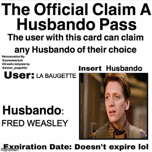 MIIIIIIIIIIIINE | LA BAUGETTE; FRED WEASLEY | image tagged in claim your husbando | made w/ Imgflip meme maker