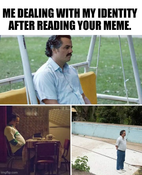 Sad Pablo Escobar Meme | ME DEALING WITH MY IDENTITY AFTER READING YOUR MEME. | image tagged in memes,sad pablo escobar | made w/ Imgflip meme maker