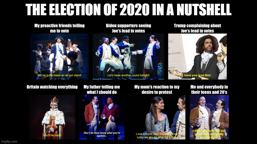 The Election of 2020 Portrayed by Hamilton | THE ELECTION OF 2020 IN A NUTSHELL | image tagged in hamilton,2020,election 2020,election,vote,presidential election | made w/ Imgflip meme maker