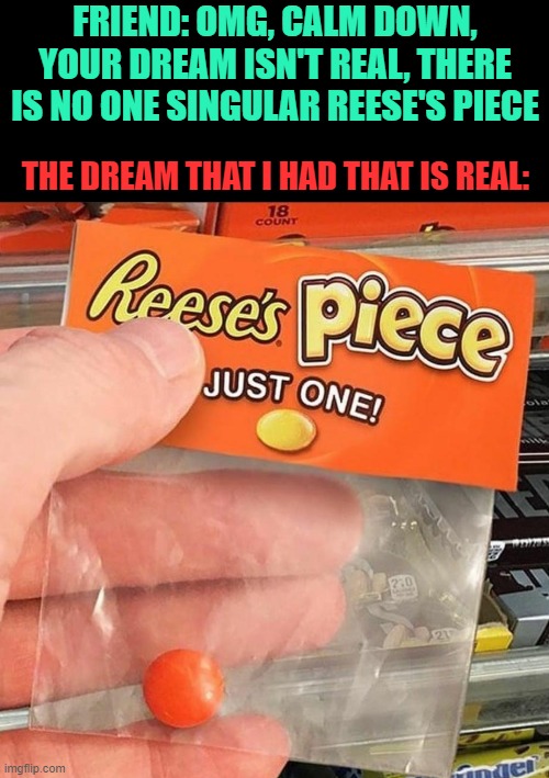 FRIEND: OMG, CALM DOWN, YOUR DREAM ISN'T REAL, THERE IS NO ONE SINGULAR REESE'S PIECE; THE DREAM THAT I HAD THAT IS REAL: | image tagged in memes,blank transparent square | made w/ Imgflip meme maker