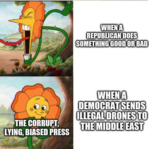 Cuphead Flower | WHEN A REPUBLICAN DOES SOMETHING GOOD OR BAD WHEN A DEMOCRAT SENDS ILLEGAL DRONES TO THE MIDDLE EAST THE CORRUPT, LYING, BIASED PRESS | image tagged in cuphead flower | made w/ Imgflip meme maker